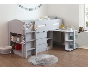 Grey Billy Kids Mid Sleeper,Wood Bunk Bed Frame,Desk,Drawers,Shelf Storage